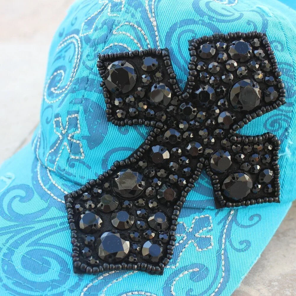 Women Blue Inspirational Cross Rhinestone Crystal Cap Hat Stud Decorative Cotton